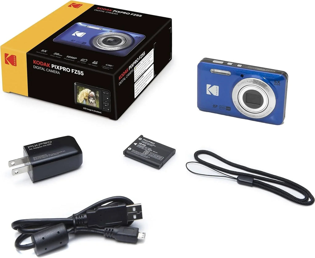 Digital + + Angle Wallet PIXPRO Reader Camera HD and + 28mm Full 16MP Card Cleaning 1080P + LCD Camera Memory Zoom 2.7" Blue 64GB Wide Kodak FZ55 Optical 5X Tripod Video Case Bundle +
