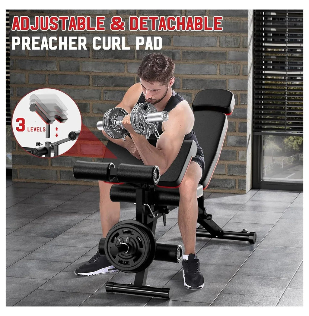 Capacity for Workout, Gym Bench, Incline Full Bench Weight Adjustable Extension Headrest, Home Decline Body Weight Flat Workout with and Exercise Leg Pad, Extended Preacher Bench 900Lbs