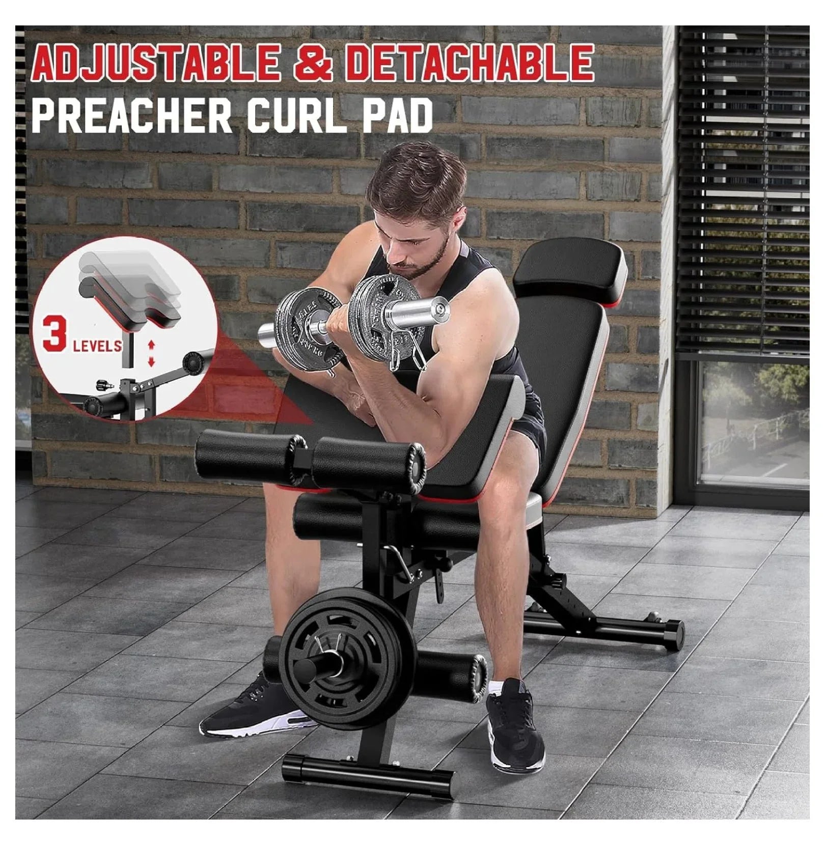Capacity for Workout, Gym Bench, Incline Full Bench Weight Adjustable Extension Headrest, Home Decline Body Weight Flat Workout with and Exercise Leg Pad, Extended Preacher Bench 900Lbs