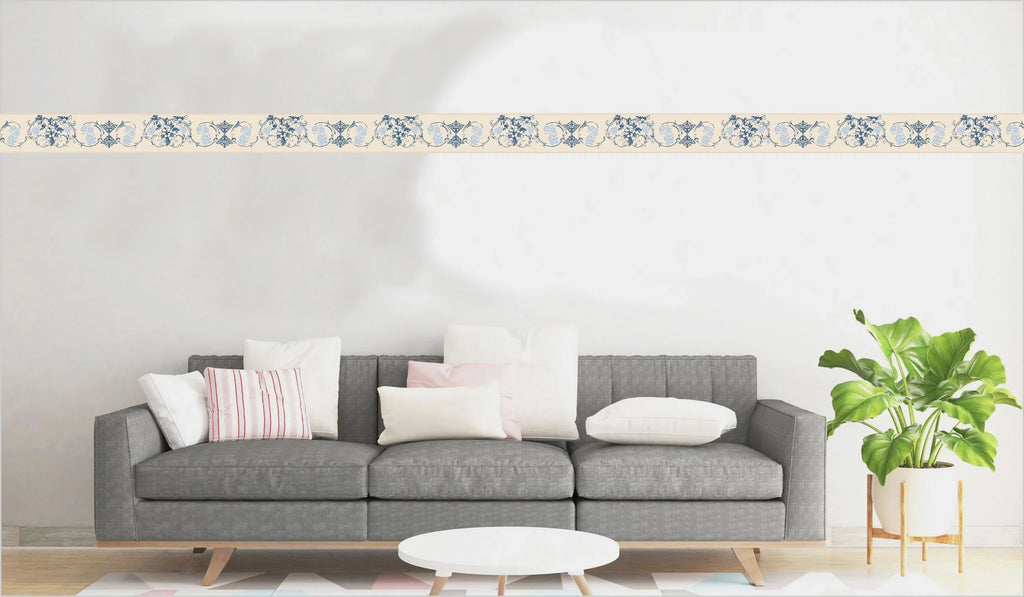 Adhesive Wall in, 7 Vines Self Border Stick 15 Design, Dundee Peel Flowers ft Blue Scrolls Retro Wallpaper Border Deco's Damask - x and