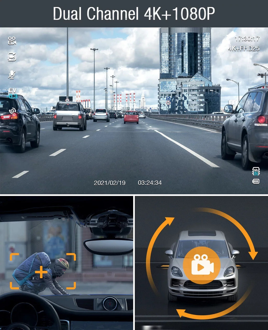 Camera Loop Screen 4K+1080P Mode Dash 3" and Recording G-Sensor 4K TOGUARD Parking Camera Inside Car Cam LCD Dash Front