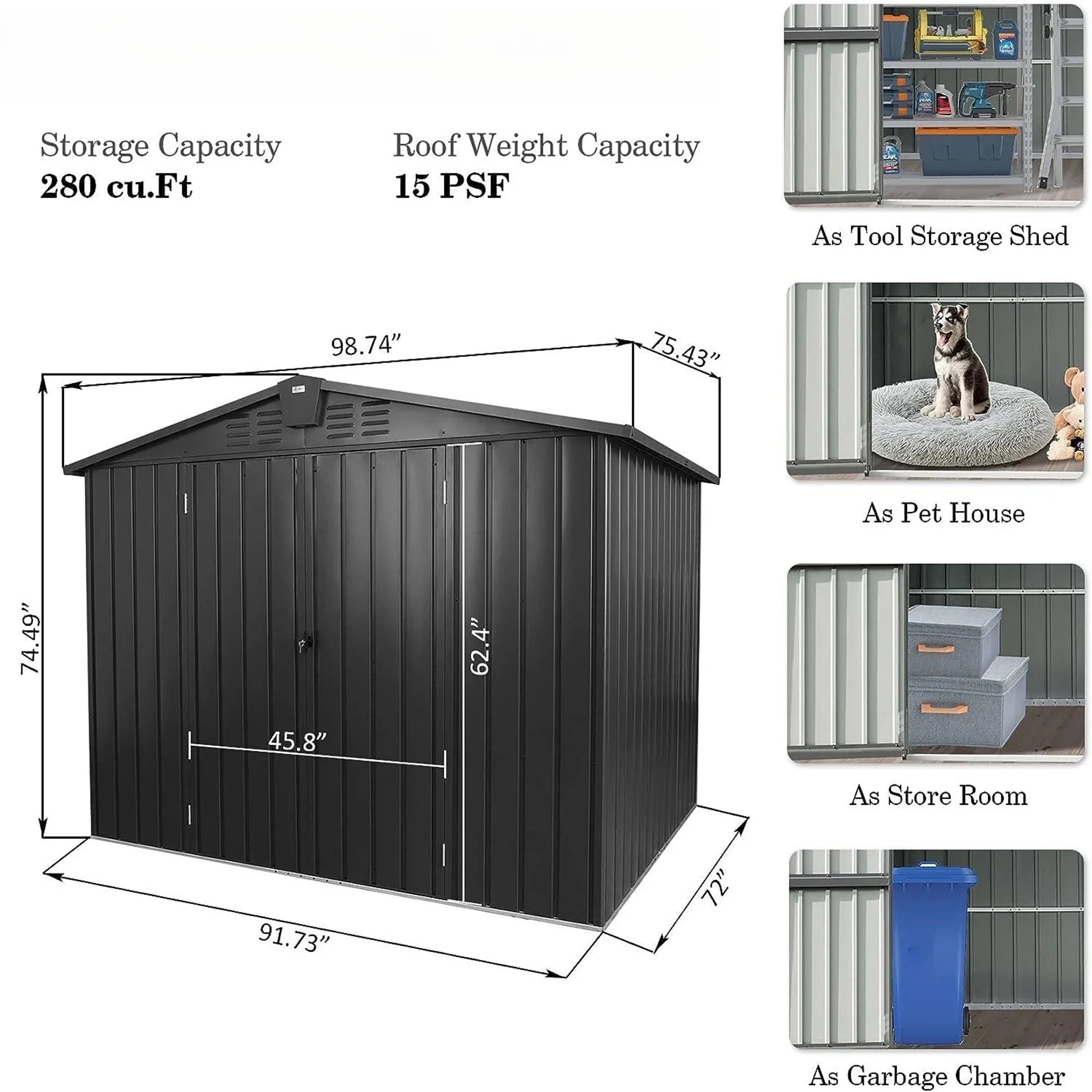 Metal Outdoor Backyard, with for Storage Patio, Storage Trash Outdoor Galvanized Capri Lockable 8.2'x Shed, 6.2' Lawn, for Bike, Shed Steel Door Can, Garden Black Cabinet