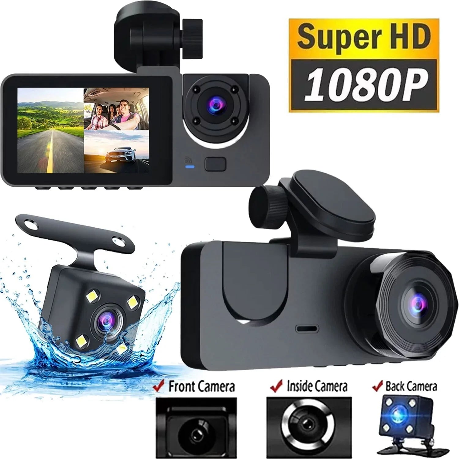 Vision, Rear & Dash Channel Card Cam Monitor, Night Camera, SD 32GB with Inside Front Super 1080P Recording, for Loop Parking Dash 3 Car,