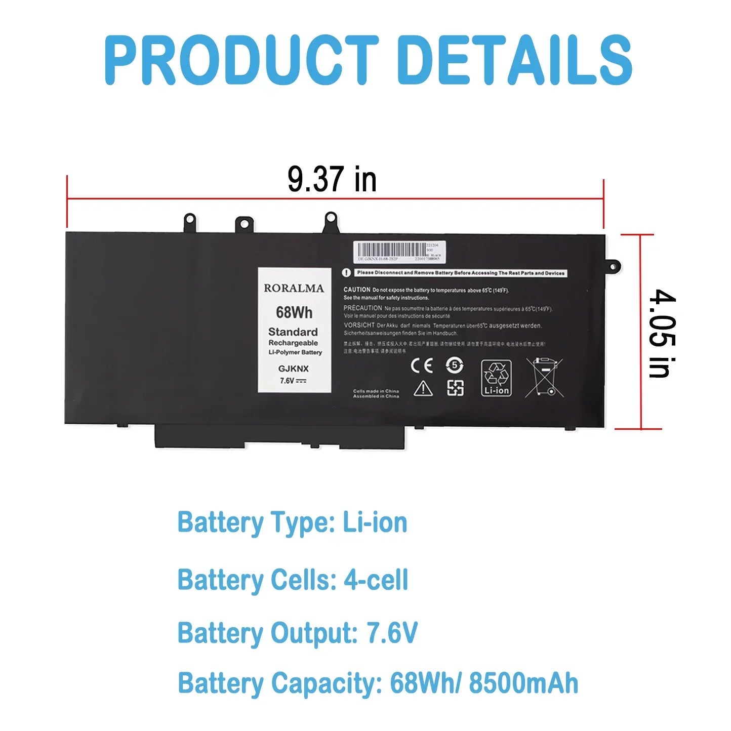 451-BBZG 15 5YHR4 68Wh E5490 Dell Series Battery GD1JP E5590, Laptop DY9NT 5495 Precision 5591 Notebook 5491 5480 5490 Dell E5580 5488 for GJKNX 3530 5580 5590 5280 E5480 5288 Latitude 3520