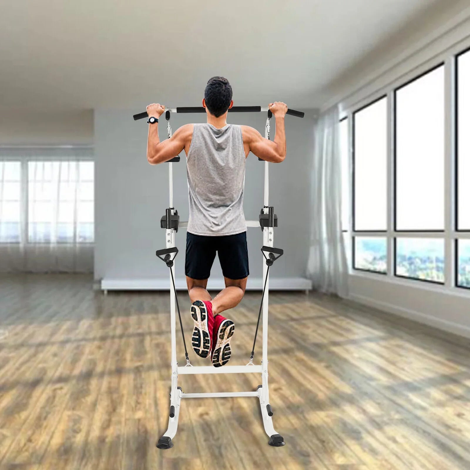 Black Power Pull Gym Chin Home Push Up Tower Adjustable Power Bar Tower Station Gym Home Dip Height