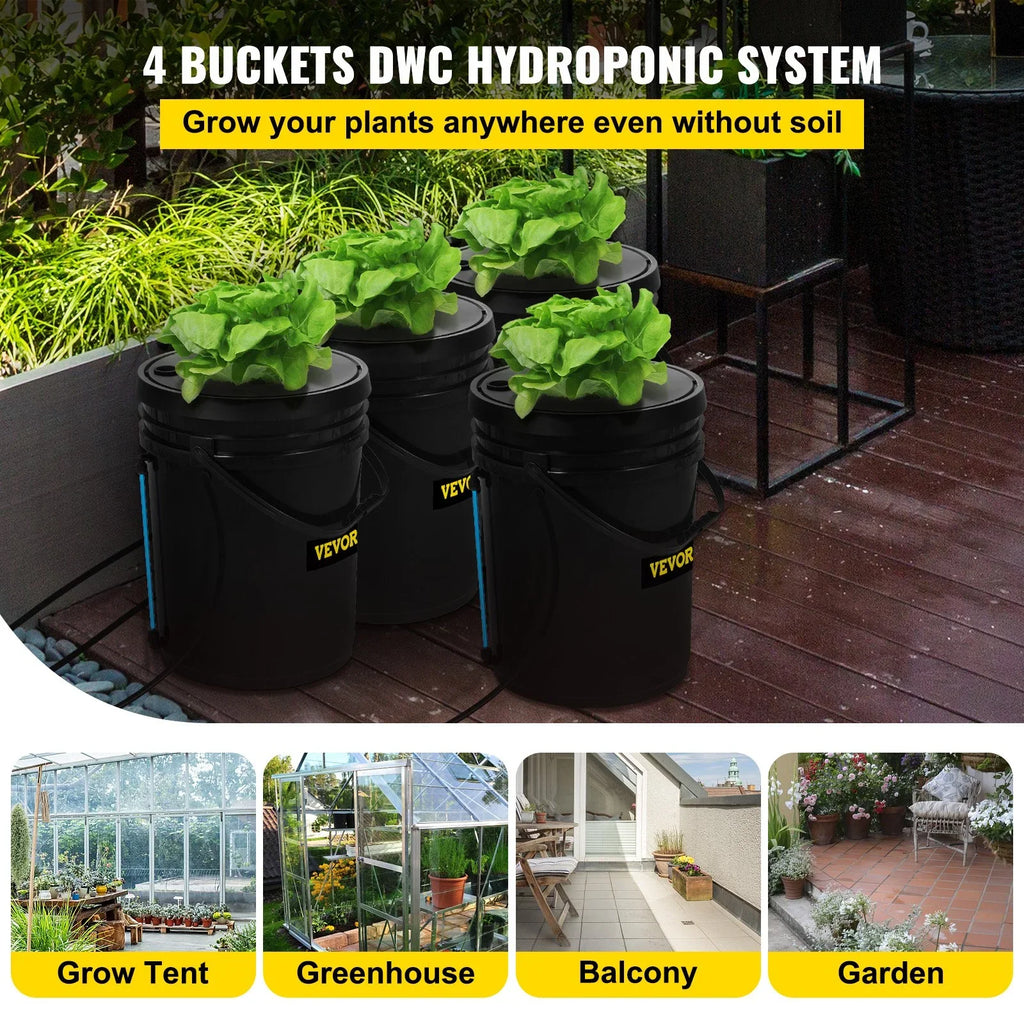 5-Gallon, Grow Pump, System VEVOR Stone & Hydroponic Vegetables Water DWC Indicator Indoor/Outdoor Kit, 4-Bucket Level Air with for Leafy