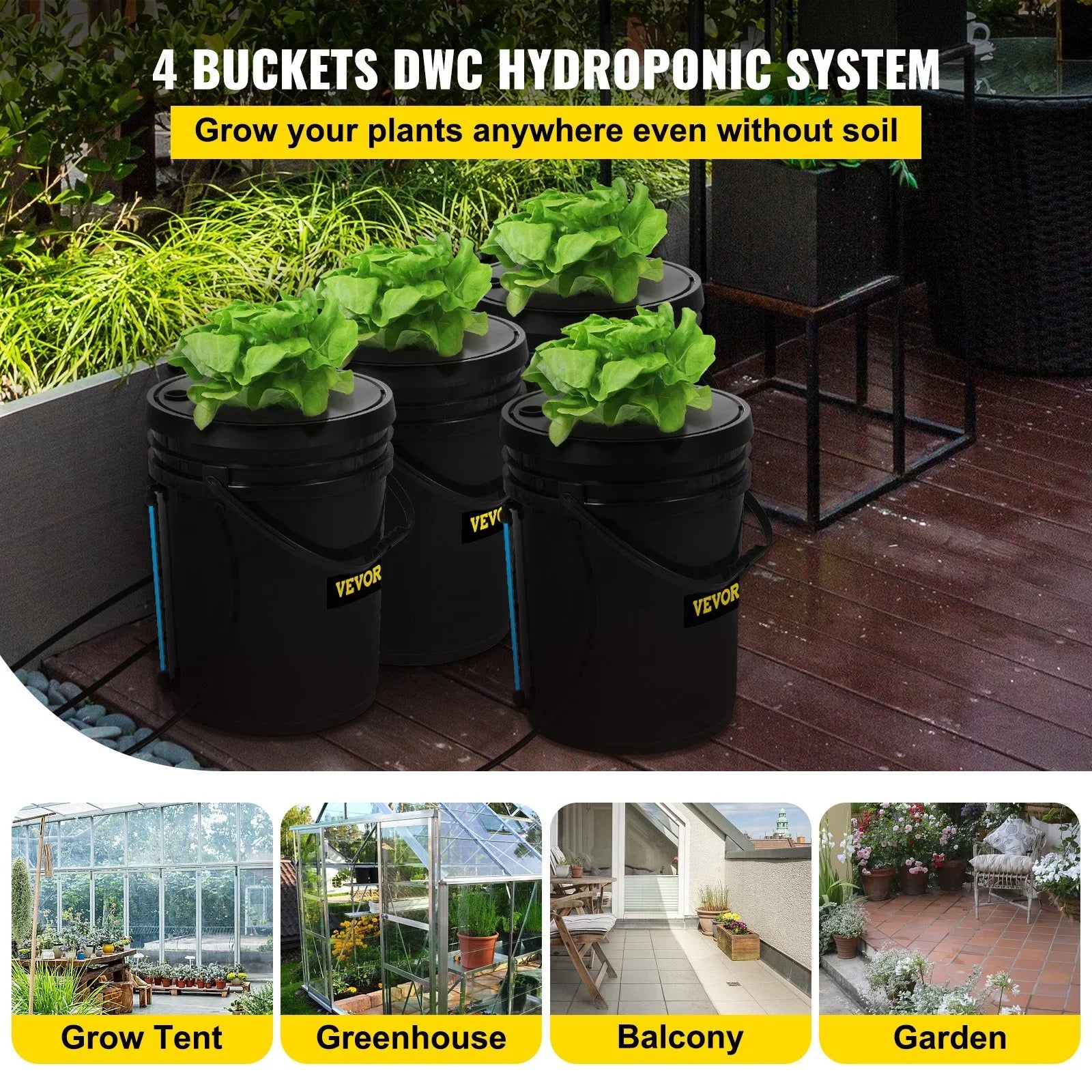 5-Gallon, Grow Pump, System VEVOR Stone & Hydroponic Vegetables Water DWC Indicator Indoor/Outdoor Kit, 4-Bucket Level Air with for Leafy