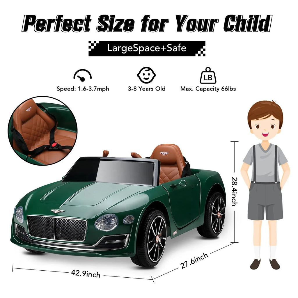 on 3+, Car, LISUEYNE Licensed Green Ride Remote on for Electric 12V Official Bentley Music, Boys Control, Ride Age Girls Car with Car