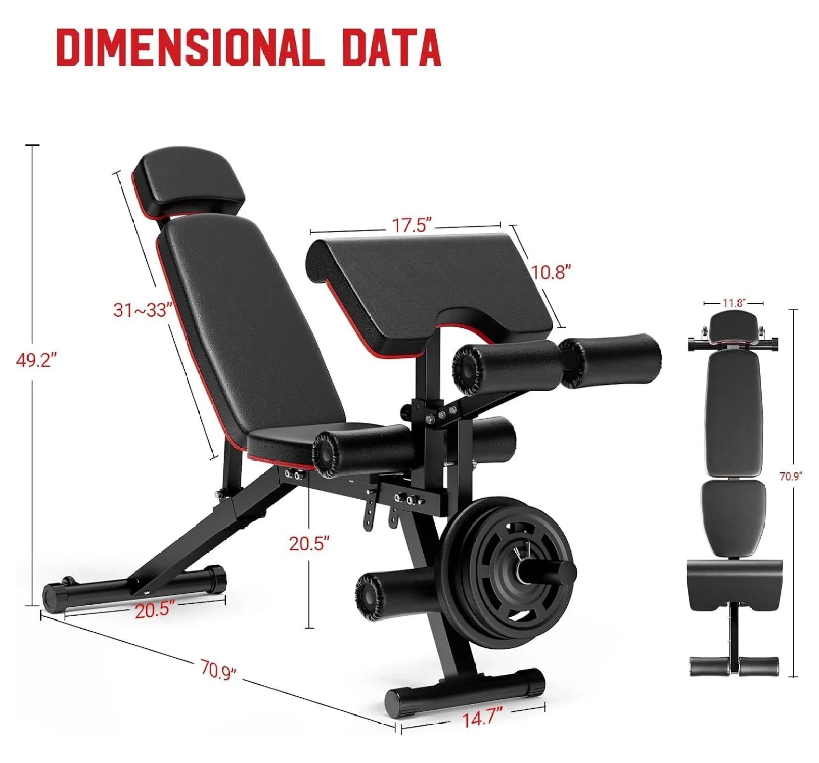 Capacity for Workout, Gym Bench, Incline Full Bench Weight Adjustable Extension Headrest, Home Decline Body Weight Flat Workout with and Exercise Leg Pad, Extended Preacher Bench 900Lbs