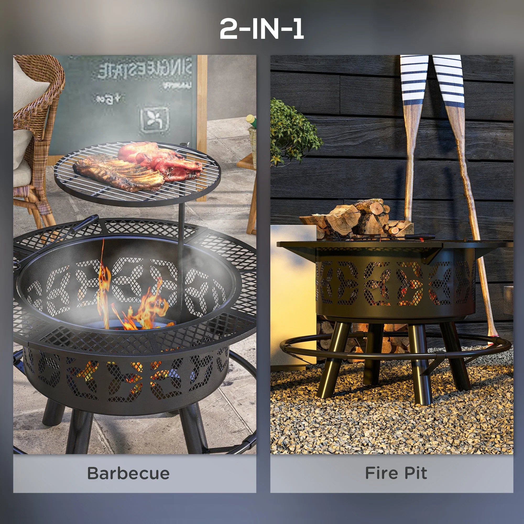 for Burning Cooking Outdoor with Round, Poker, 33" Grill Black Backyard, Grate BBQ Picnic, Fire and Wood Adjustable Capri Firepit Pit Patio,