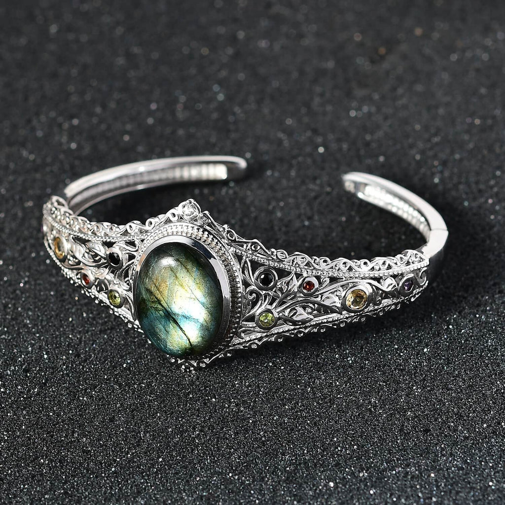 Mothers LC Platinum for 15.05 Mom Jewelry Day 7.25" Plated Ct Shop Labradorite Multi Bangle Bracelet Gifts for Women Size Gemstone Birthday Cuff Oval