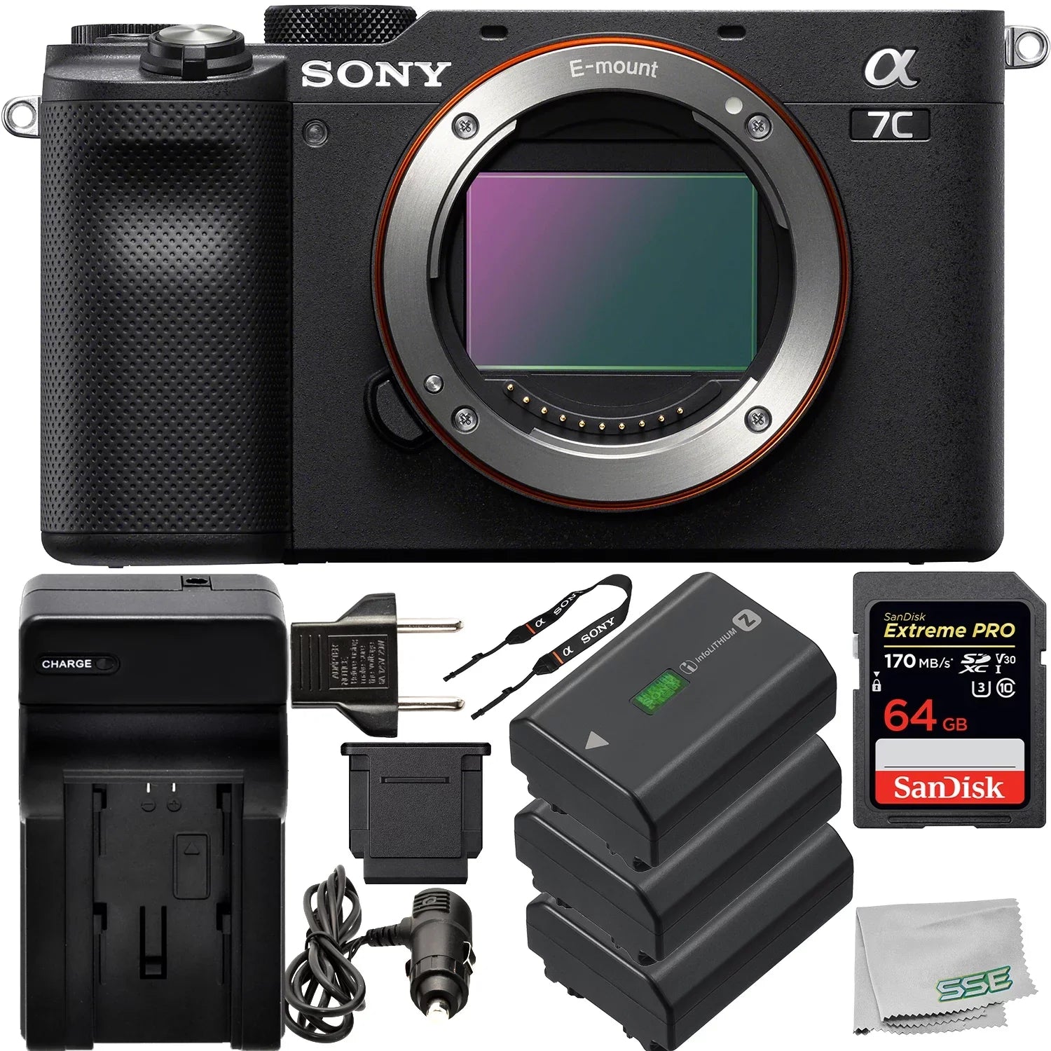 with Card, Alpha Essential Only, Batteries Supplied 64GB 2x Digital (Body Sony SanDisk Black) Bundle FZ100 Accessory More PRO & Seller - Includes: Mirrorless a7C Extreme Memory Camera Replacement