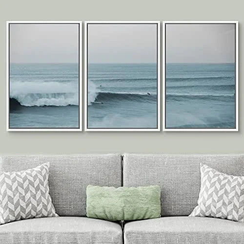 Room, Chic Set for Art White Nature Wide Surfers Wilderness Waves PixonSign Scenic Modern Wall - Rushing Modern Framed Ocean Living Angle Bedroom, and Office Photography Art 24"x36"x3