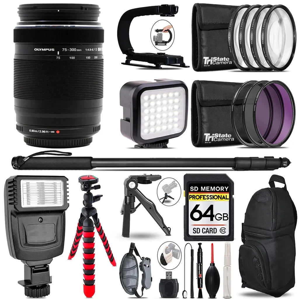 '+ Digital - Olympus M.Zuiko 64GB ED Bundle Monopad Slave Accessory Flash Lens- Kit 75-300mm f/4.8-6.7 + Video II