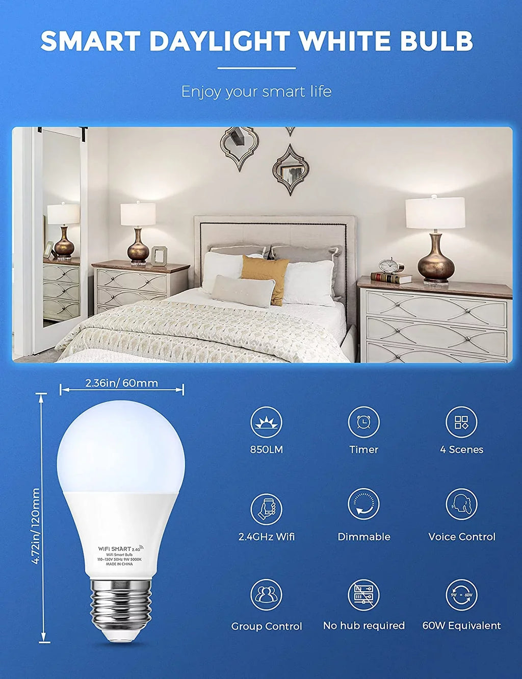 9W 60W, Bulb Light Work A19 & with Daylight Bulb Home 850LM,4 Smart YANSUN LED Alexa, Pack Siri,WiFi Dimmable, Google 5000K,