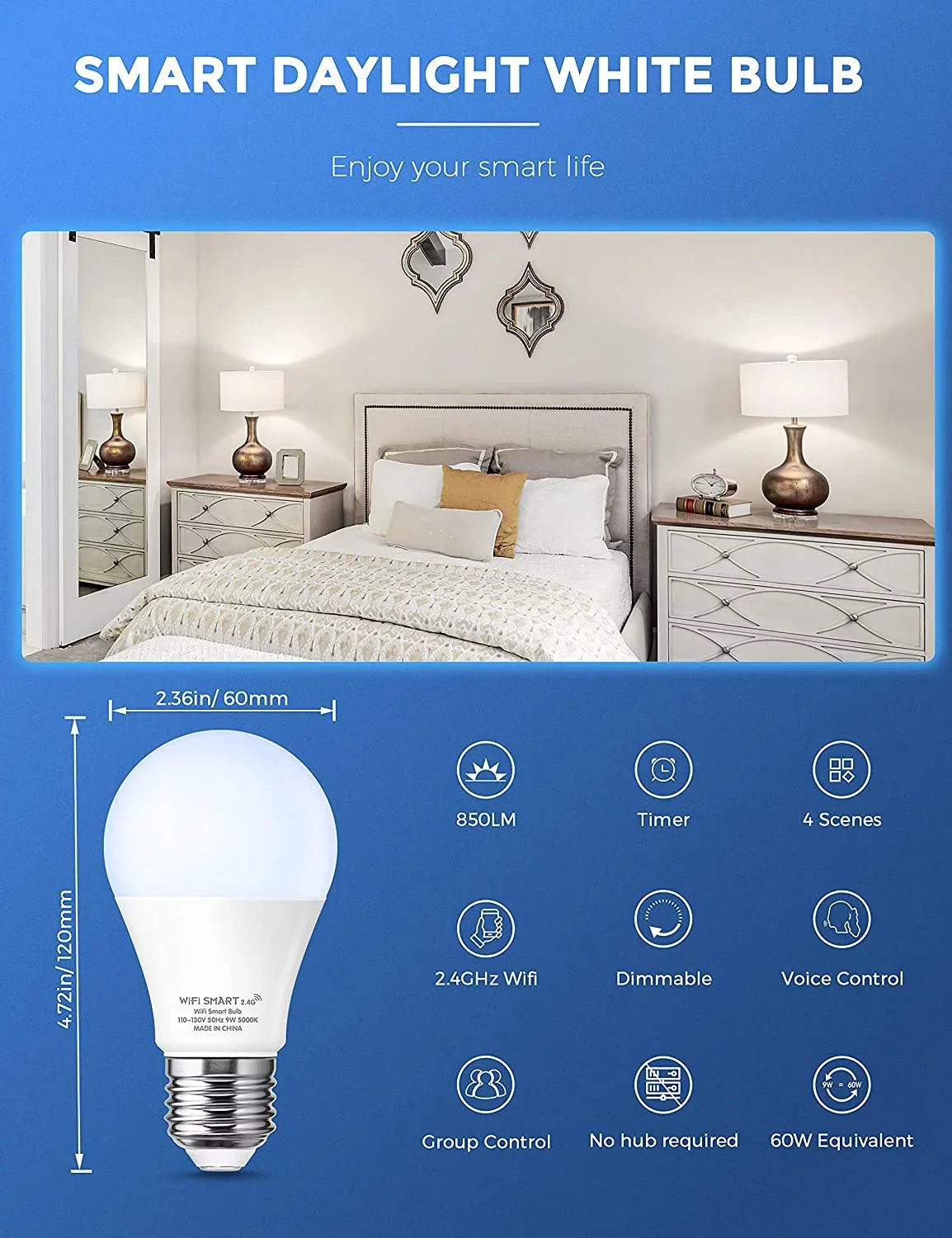 9W 60W, Bulb Light Work A19 & with Daylight Bulb Home 850LM,4 Smart YANSUN LED Alexa, Pack Siri,WiFi Dimmable, Google 5000K,