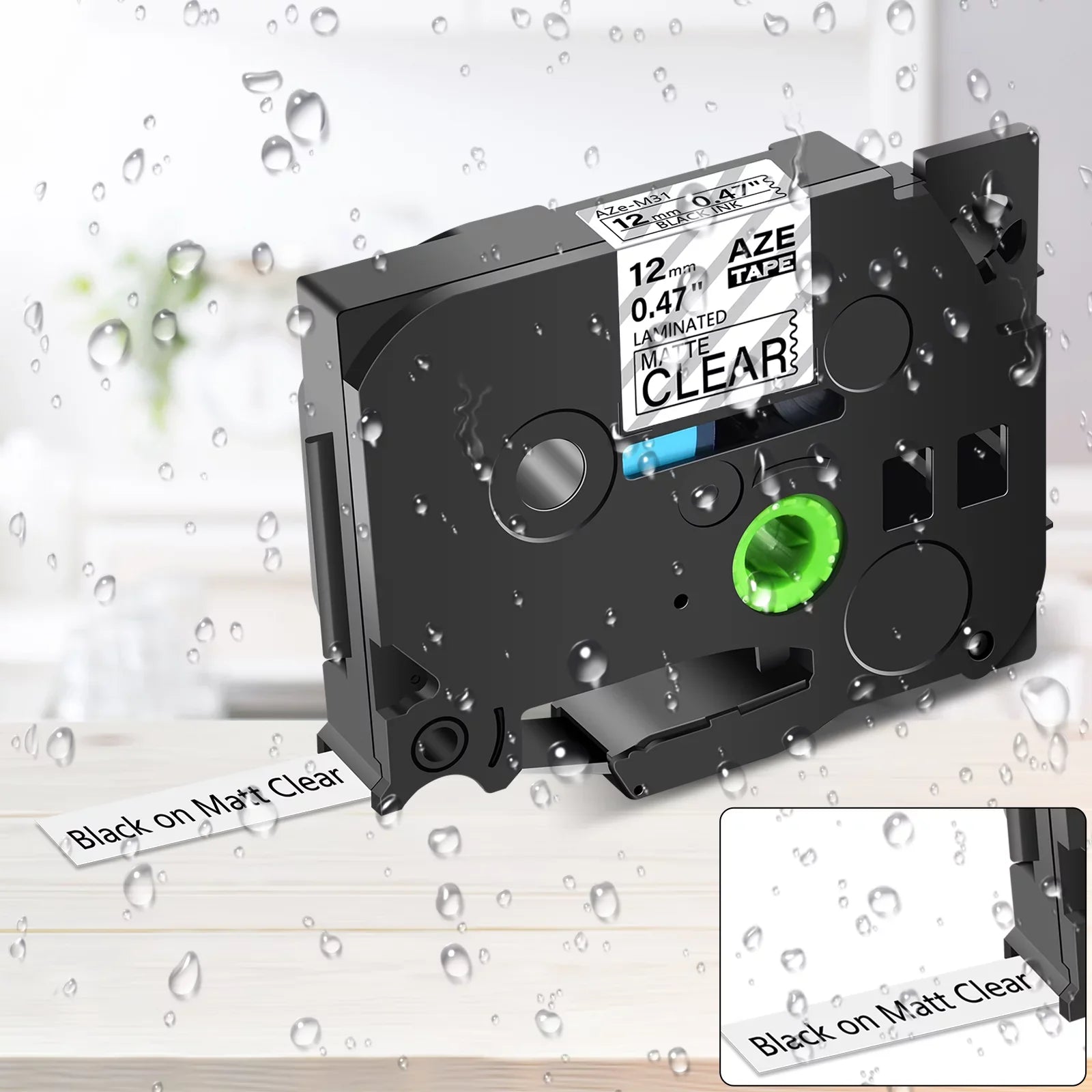 Brother TZeM31 Label Black 8PK for Tape TZ-M31 GREENCYCLE Matte 0.47" Laminated on Clear 12mm Compatible TZe-M31 P-touch TZM31