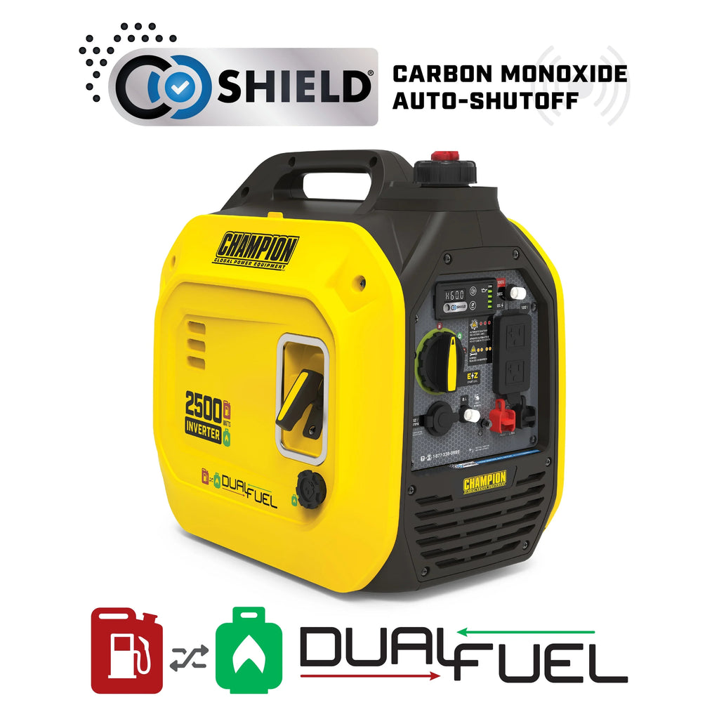 with Equipment Power Inverter 2500-Watt and Portable Generator Champion CO Quiet Technology Dual Fuel Shield
