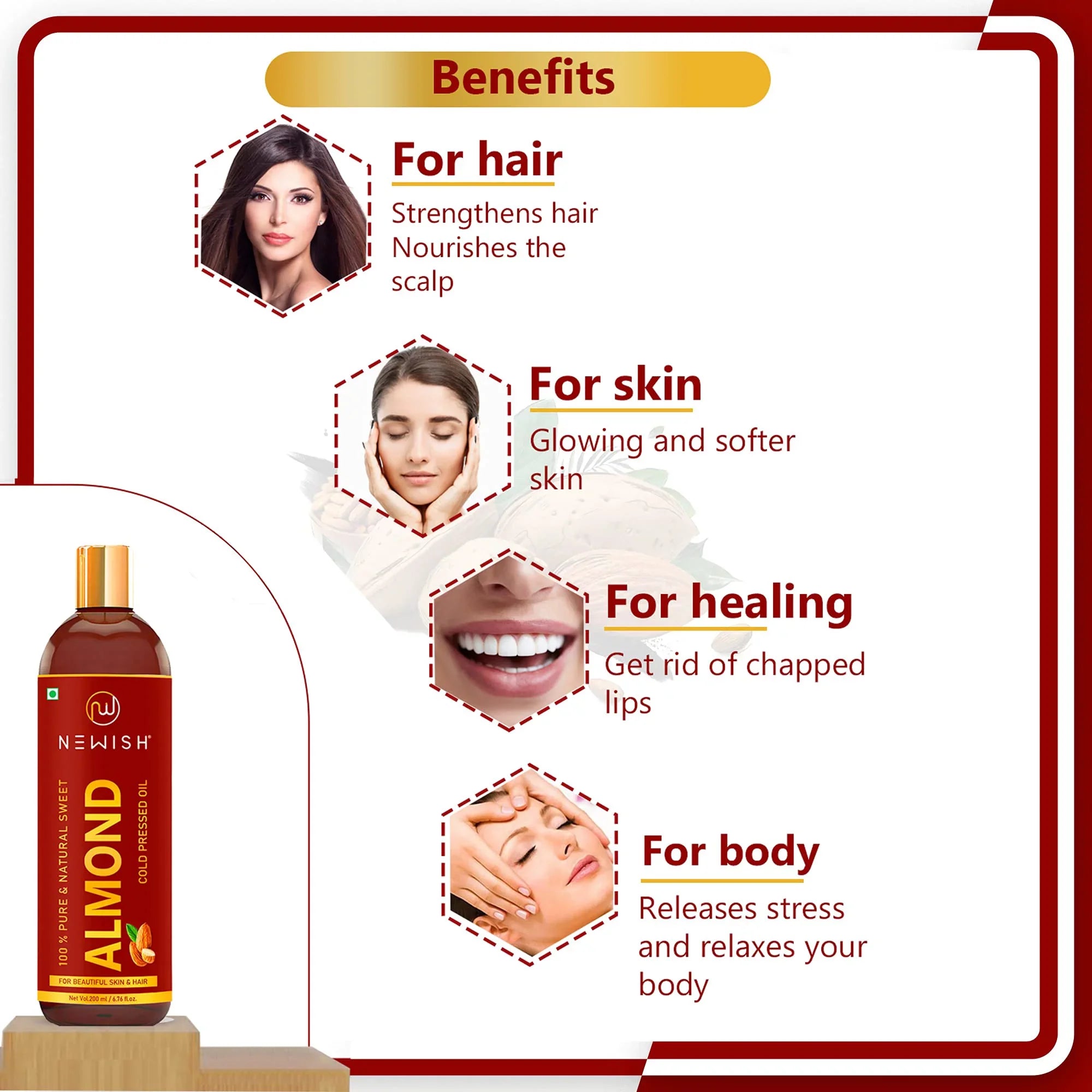 For Newish® Skin, Oil Rogan 100% Sweet Unrefined Natural Badam And (Pack Oil 200Ml Hair, Almond Pure Cold Body Of & 1) Pressed |