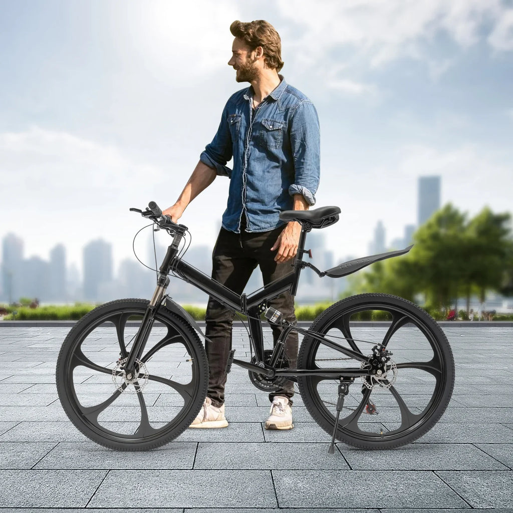 26" Mountain & Double Height Frame Steel Women for 21-Speed Disc Adjustable Bicycle Shifter Men Bike, Brake Black Folding City