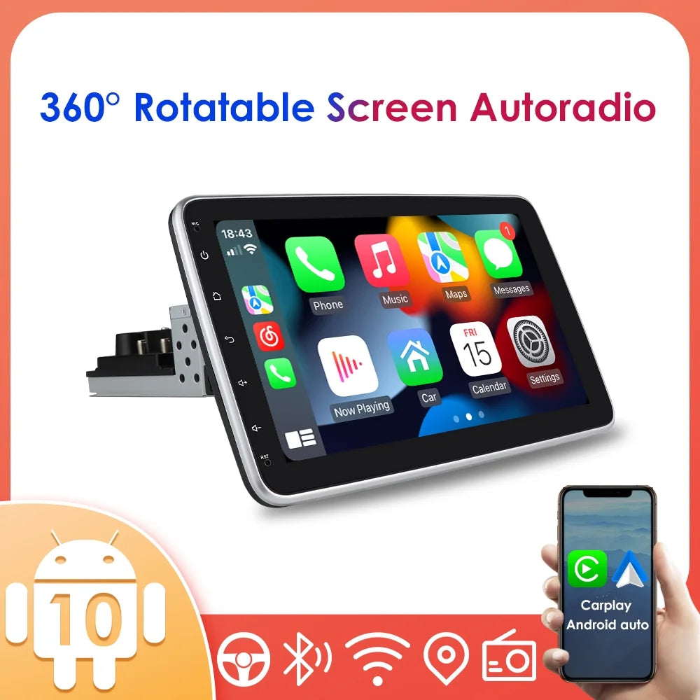 1 Auto Carplay& 10.1'' Hizpo Navigation Single Radio Rotatable Car Android Stereo Screen Bluetooth With GPS Wifi Touch Android Apple DIN 10
