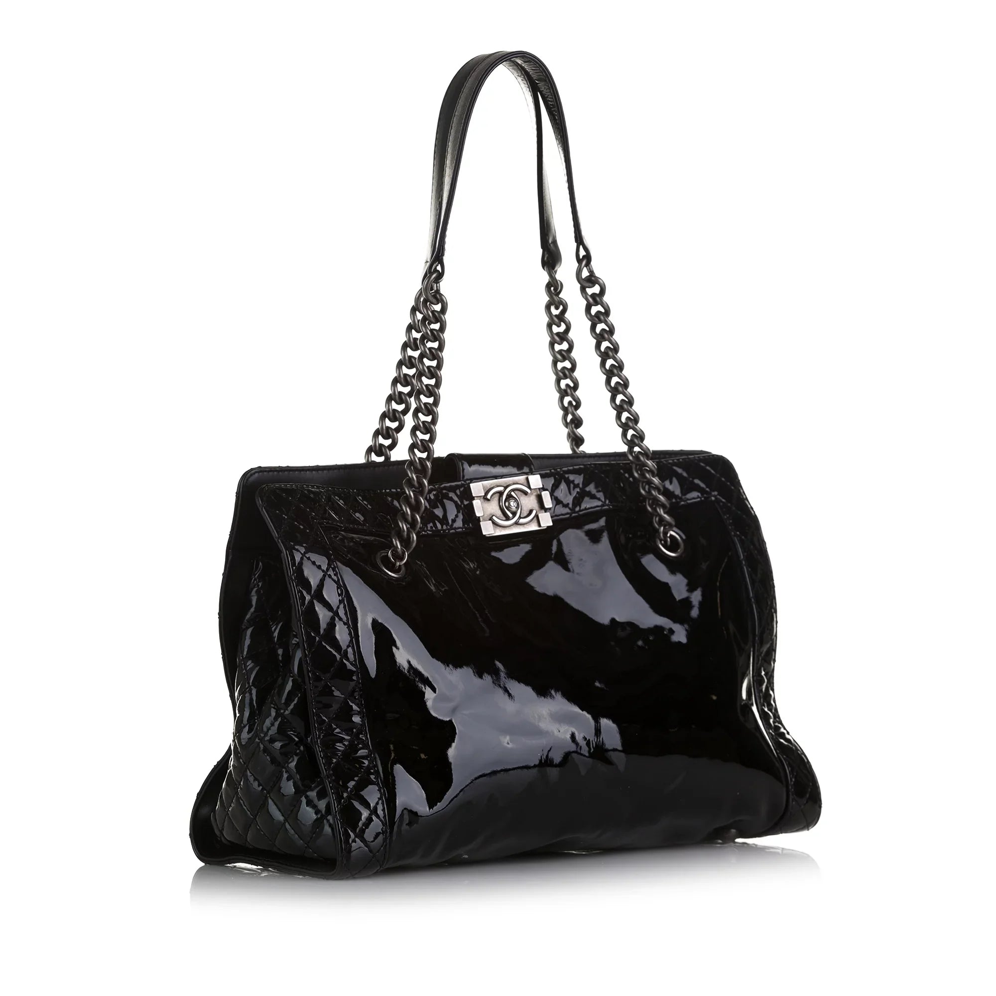 Bag Pre-Owned Black Chanel Authenticated (Good) Tote Reverso Leather Unisex Patent Tote Shopping Boy