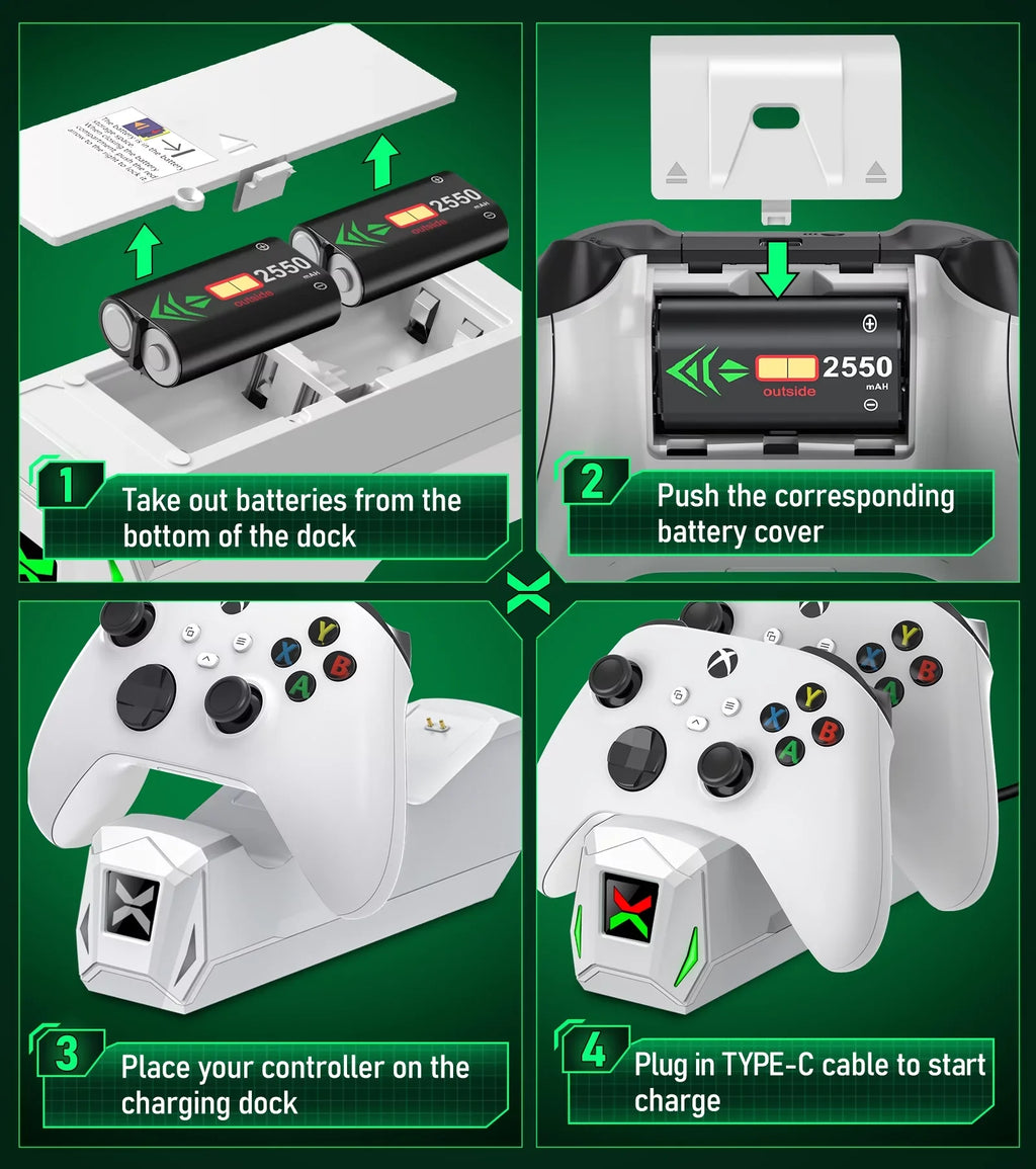 Xbox for Xbox X|S Station Dock Charger,Xbox Accessories-White Rechargeable Packs Controller with Controller Charging Battery One/Series 2x2550mAh