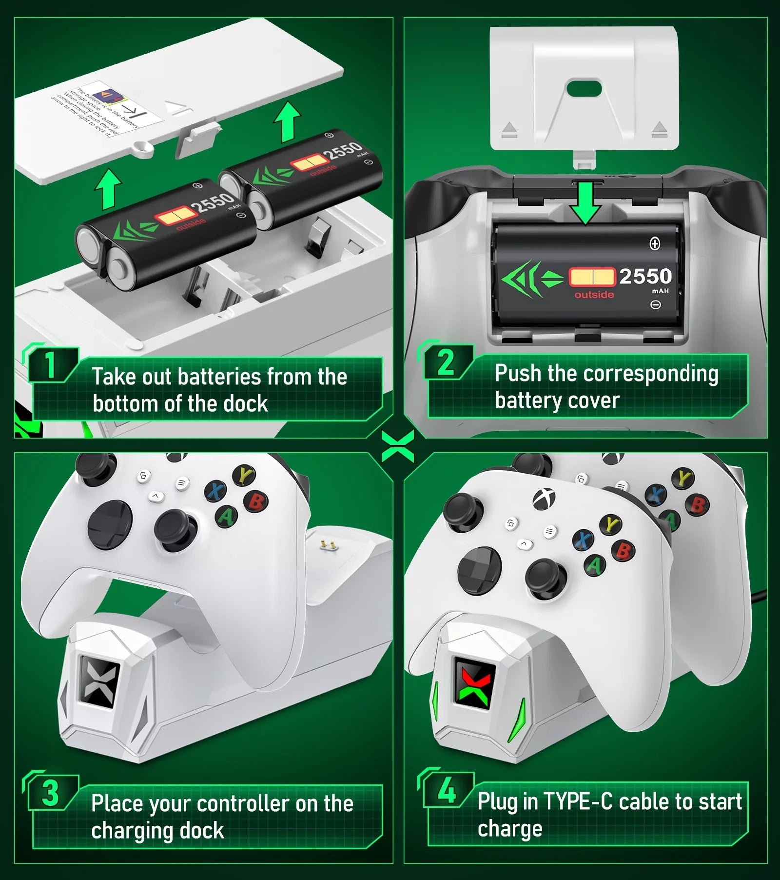 Xbox for Xbox X|S Station Dock Charger,Xbox Accessories-White Rechargeable Packs Controller with Controller Charging Battery One/Series 2x2550mAh