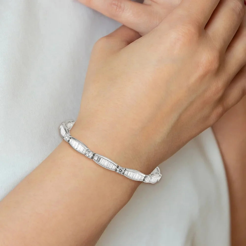 Sterling QQX400CZ Rhodium-plated Silver Baguette CZ Bracelet Round and