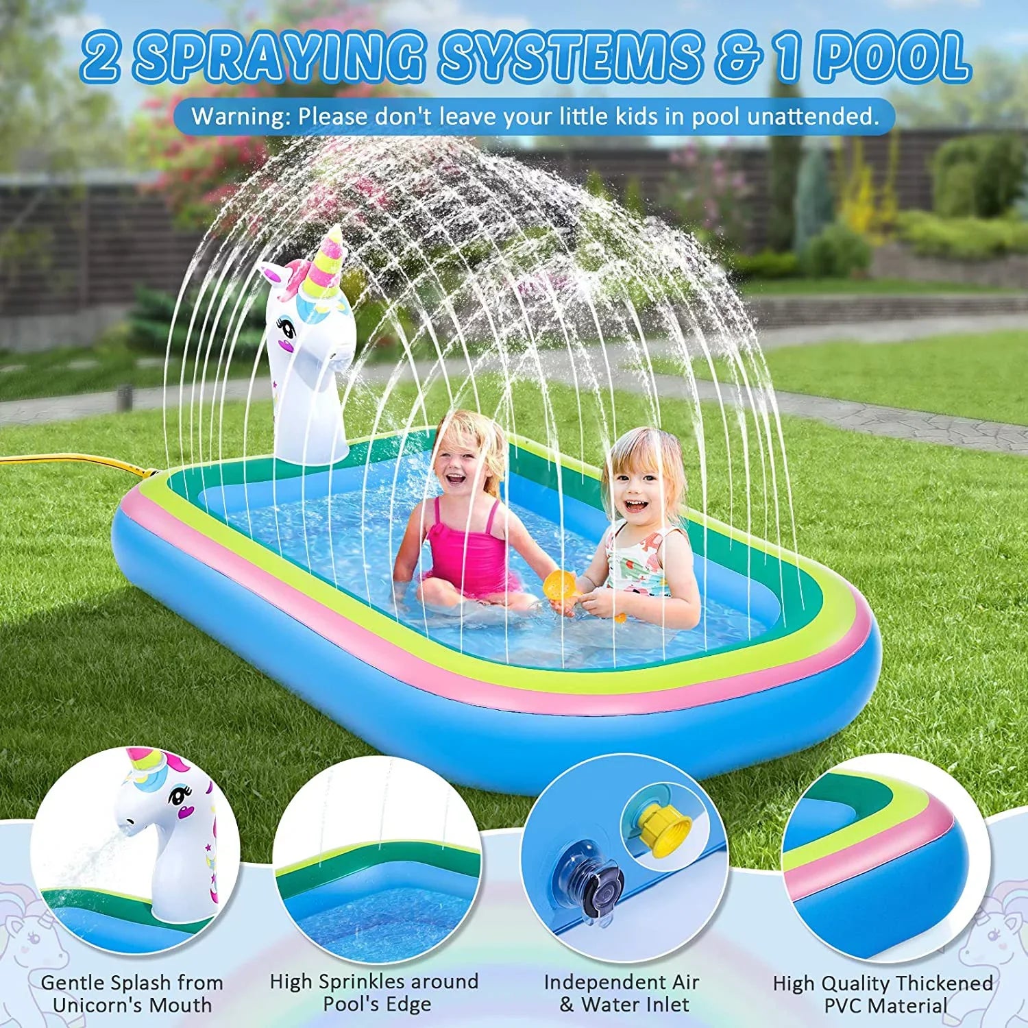 Kiddie Kids, for Pool - Intera Sprinkler Outdoor Pools 68" Paddling Toddlers for for Sprinkler Pad Unicorn Splash Inflatable for Splash Pool Baby Play Water Toys Games Outside, Mat Backyard, Summer