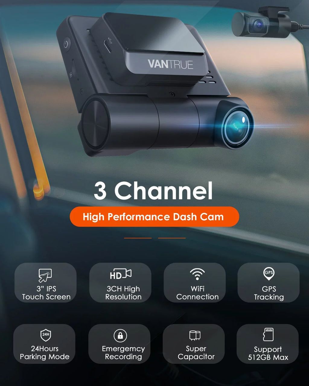 Screen Touchable IPS Monitor, 2K Cam, with Front+1080P 24h Channel 360° Car GPS Vantrue Interior Supercapacitor Dash Wide WiFi 30FPS built Rear 3 Camera in, inch Nearly +1080P S2 3 Angle, Parking