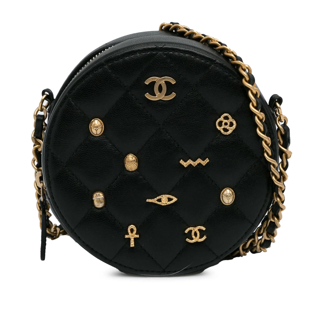 Bag Unisex Pre-Owned Leather Charms Lucky (Good) Chanel Lambskin Round Authenticated Black Crossbody