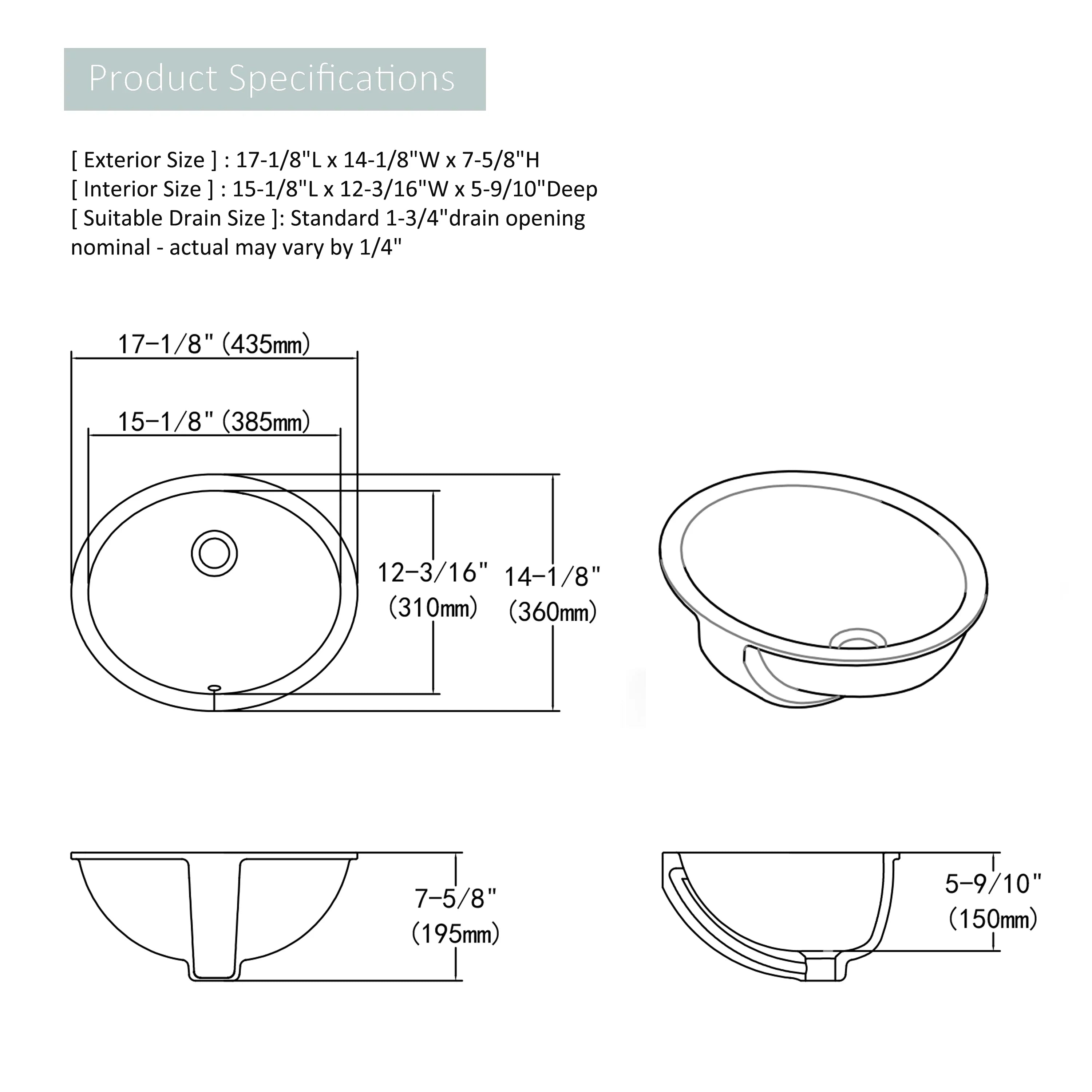Sink Sink Finished White Glossy Oval Bathroom Vessel Ceramic 17"x14" Undermount Shape MEJE ,