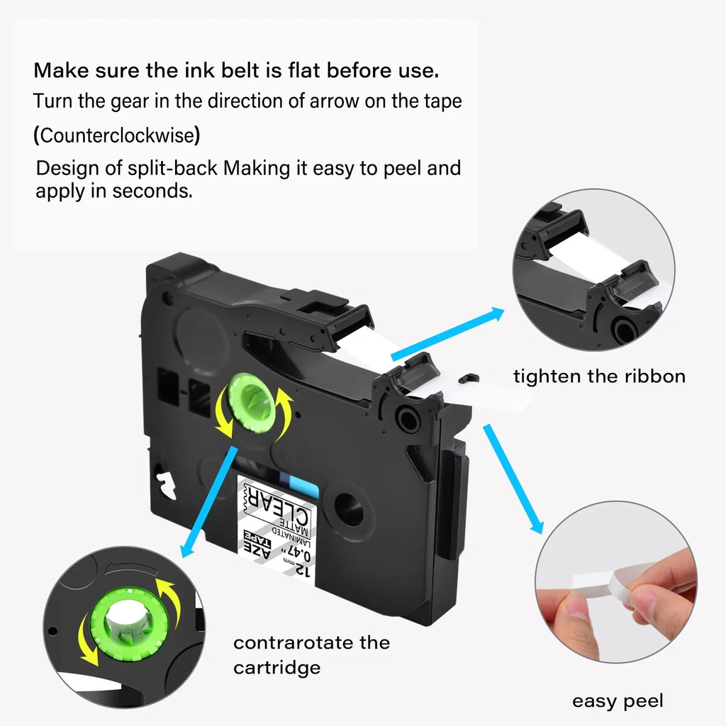 Brother TZeM31 Label Black 8PK for Tape TZ-M31 GREENCYCLE Matte 0.47" Laminated on Clear 12mm Compatible TZe-M31 P-touch TZM31