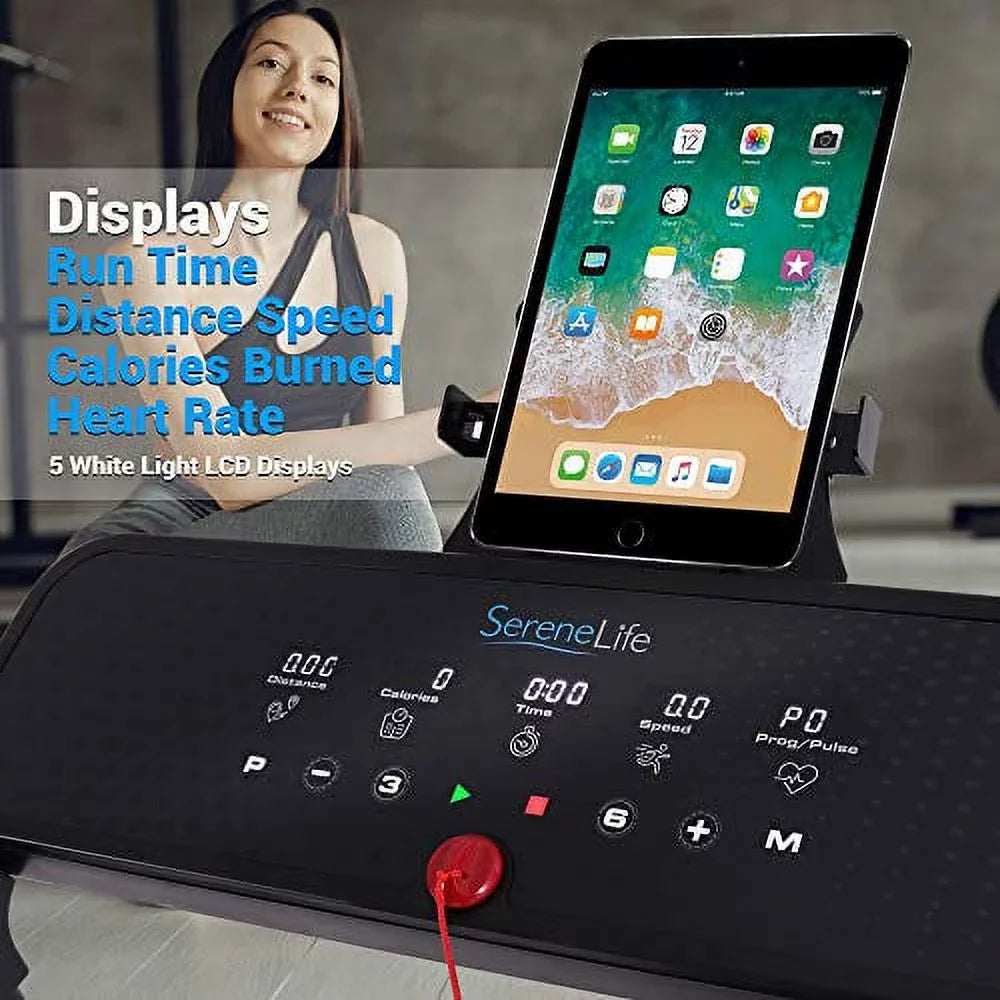 Foldable Digital Fitness Exercise Treadmill - SereneLife Electric Folding Smart Machine, Black
