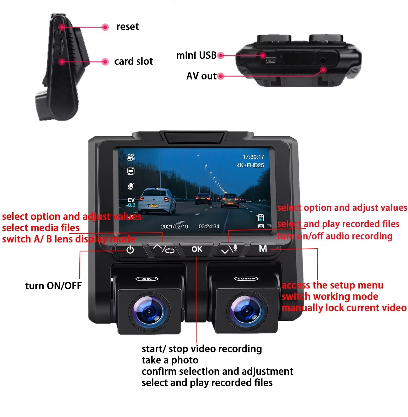 Camera Loop Screen 4K+1080P Mode Dash 3" and Recording G-Sensor 4K TOGUARD Parking Camera Inside Car Cam LCD Dash Front
