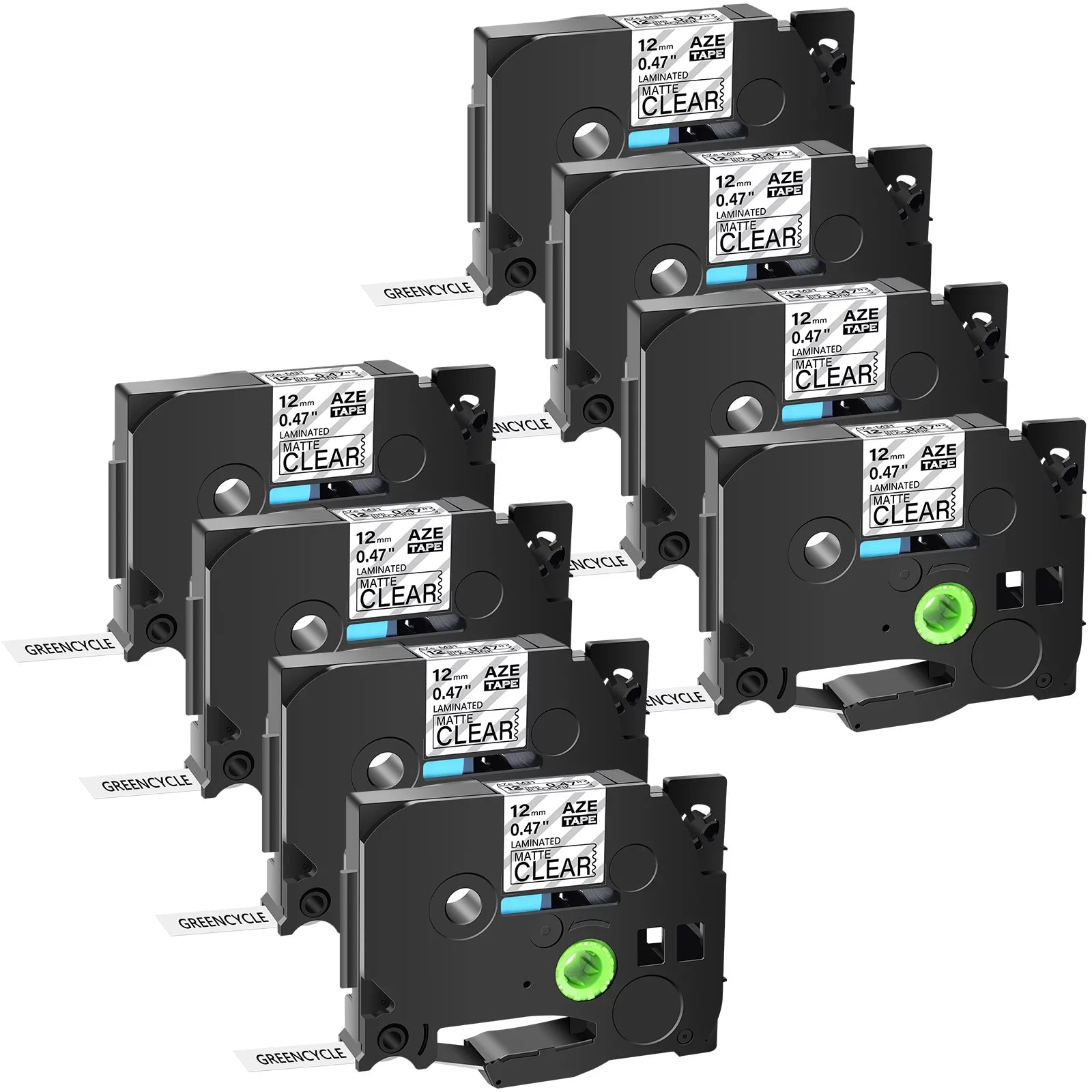 Brother TZeM31 Label Black 8PK for Tape TZ-M31 GREENCYCLE Matte 0.47" Laminated on Clear 12mm Compatible TZe-M31 P-touch TZM31
