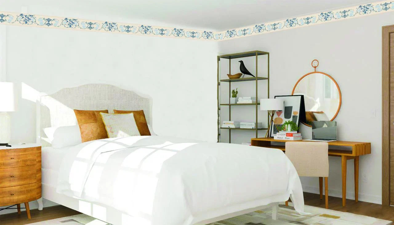 Adhesive Wall in, 7 Vines Self Border Stick 15 Design, Dundee Peel Flowers ft Blue Scrolls Retro Wallpaper Border Deco's Damask - x and
