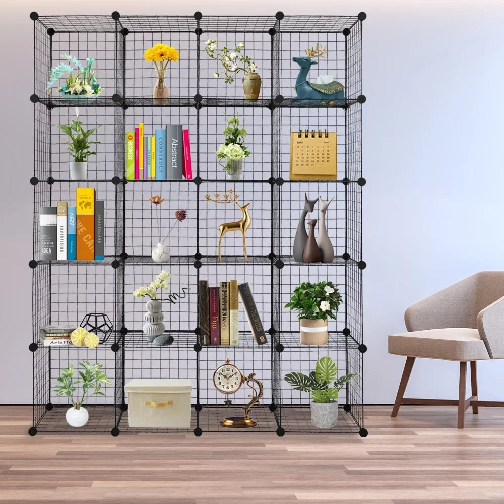 Black Storage Grid Modular 20-Cube Shelving Bookcase Organizer Cubbies Unit Metal
