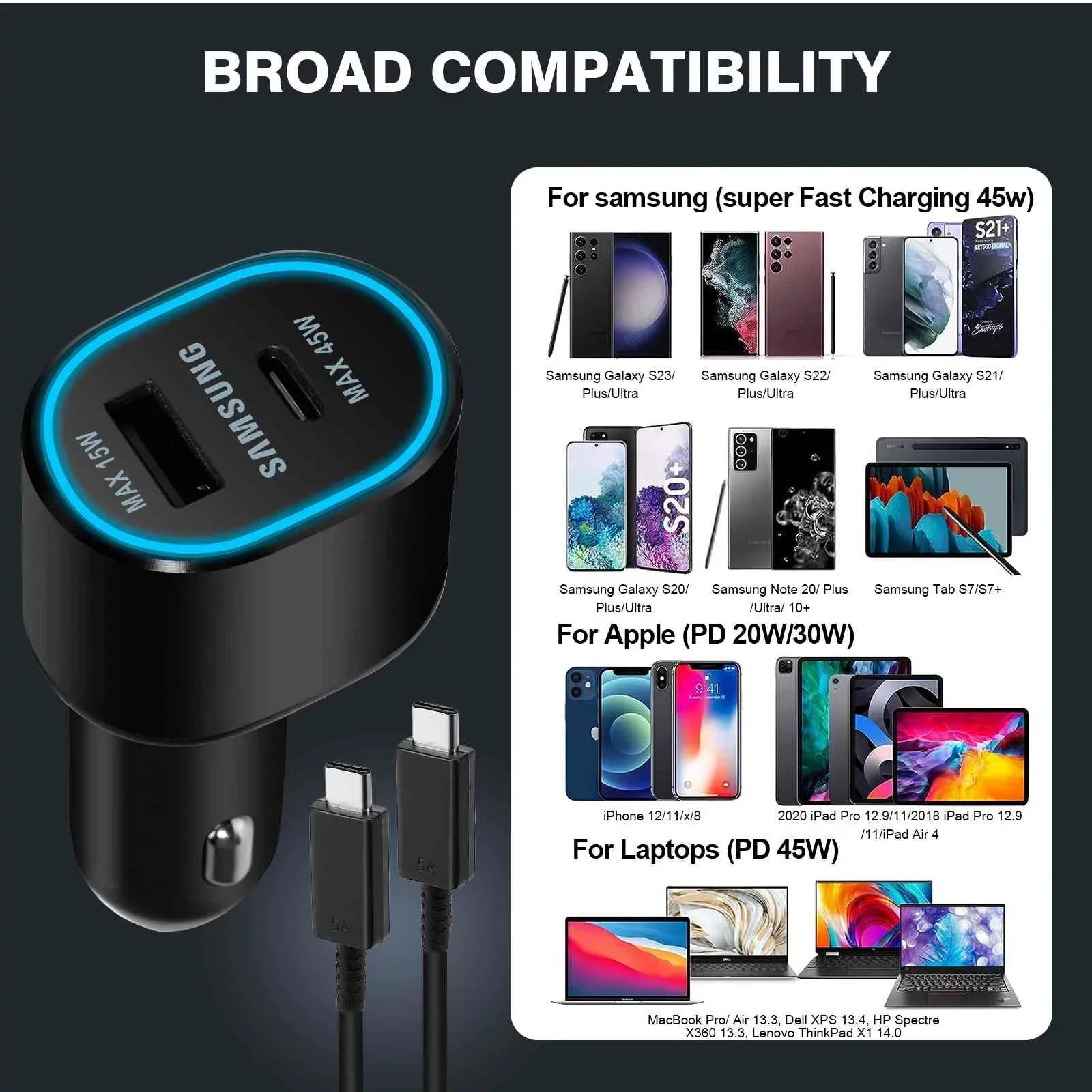 Lenovo Y700 Two (45W+15W) Ports EP-L5300 Legion (2023) Usb Charger for Fast Dual Super Black Car