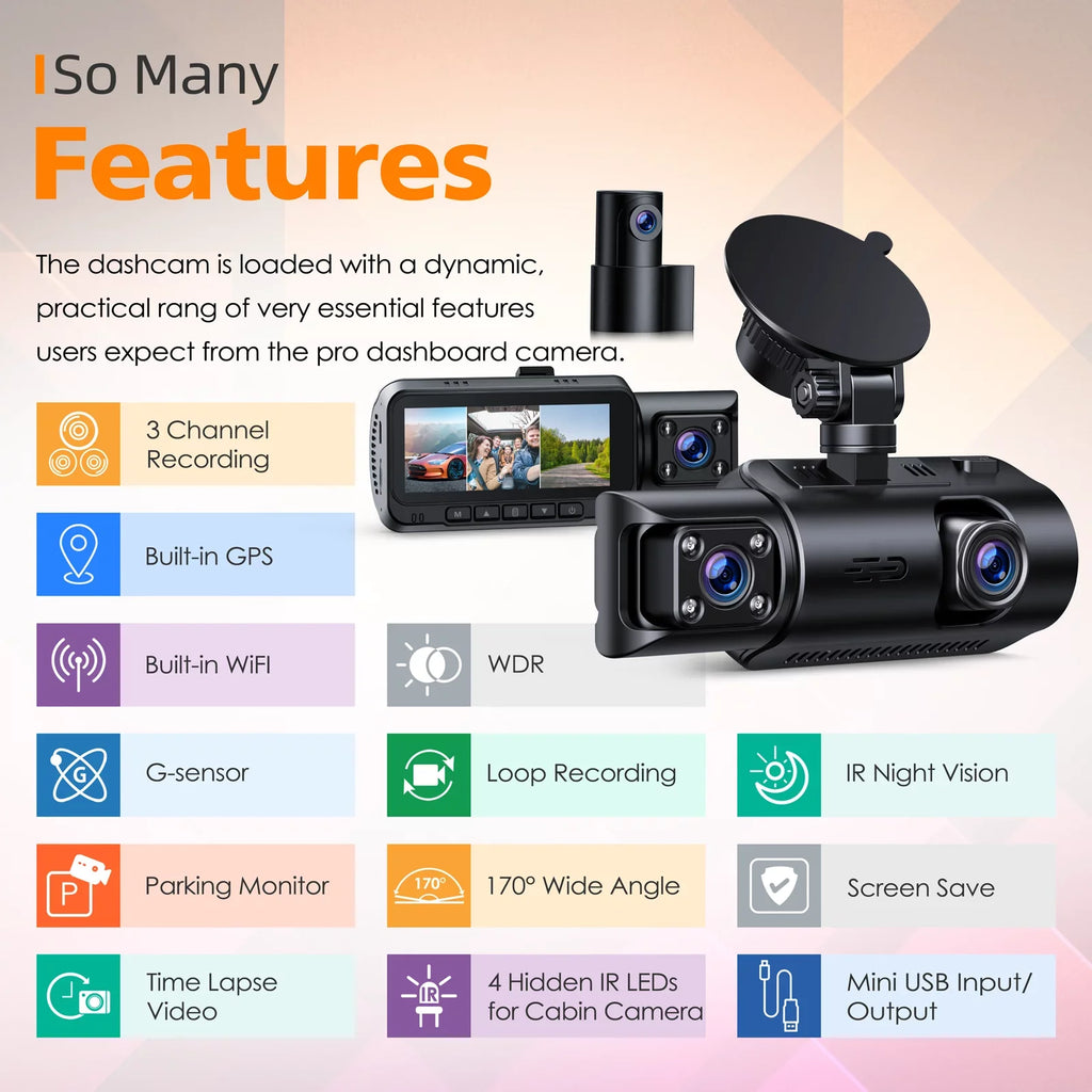Loop with Rear Dash Rear Vision, Night and GPS, Inside Car Dash IR Parking Camera 3 Channel Front Cam Motion TOGUARD Camera Monitor, 4K Recording, G-sensor, Detection Front