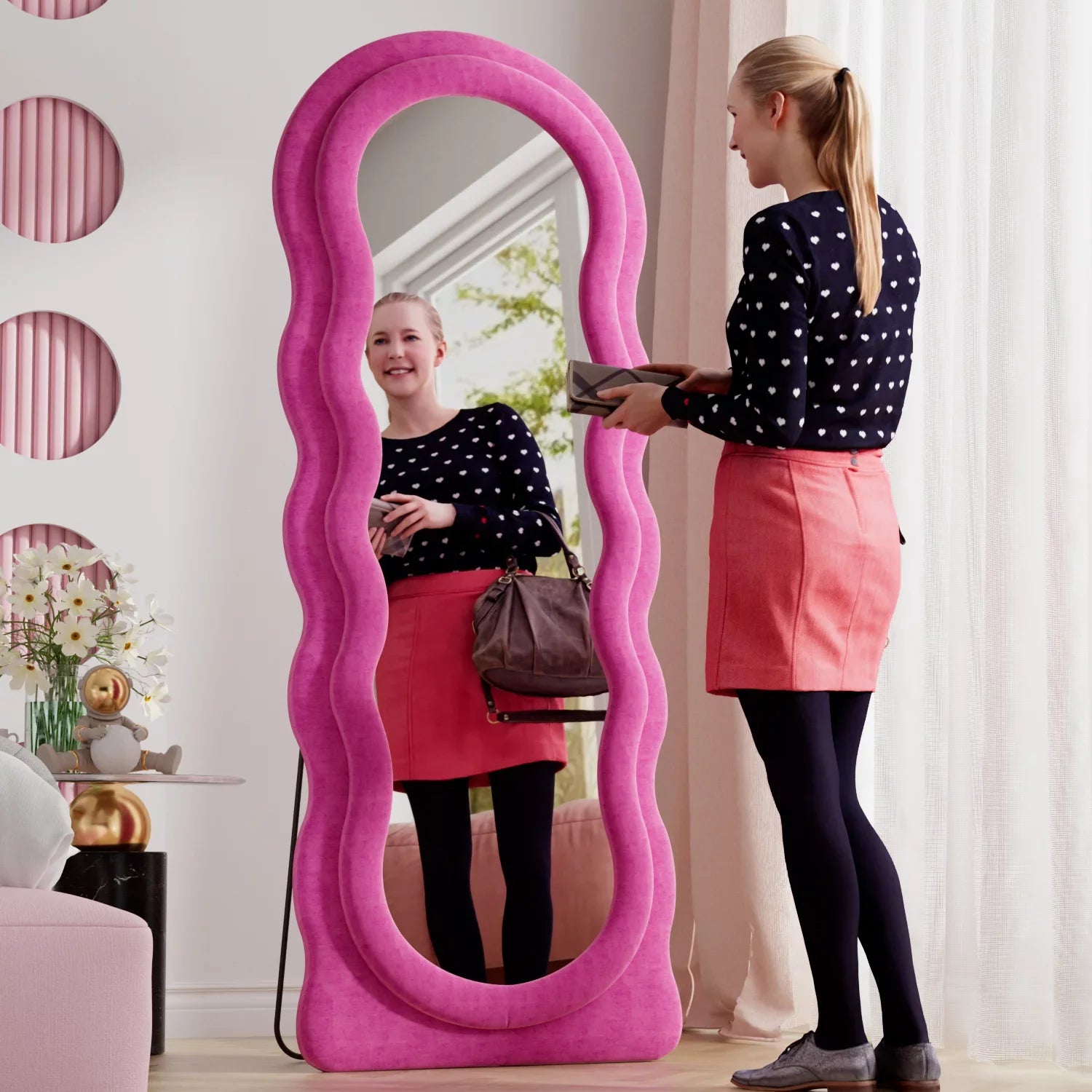 Wavy Mirror Wall Bedroom Mirror 63"x24" Stand, for Mounted with Full Floor Freestanding (Pink) Length Mirror, VLUSH