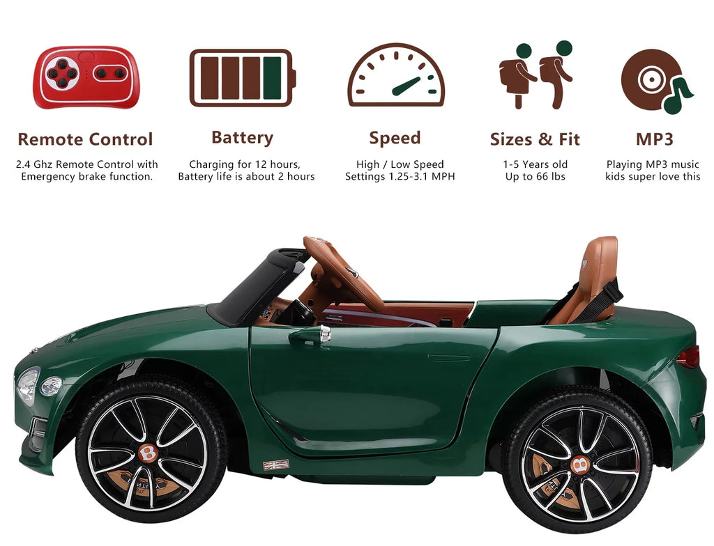 on 3+, Car, LISUEYNE Licensed Green Ride Remote on for Electric 12V Official Bentley Music, Boys Control, Ride Age Girls Car with Car