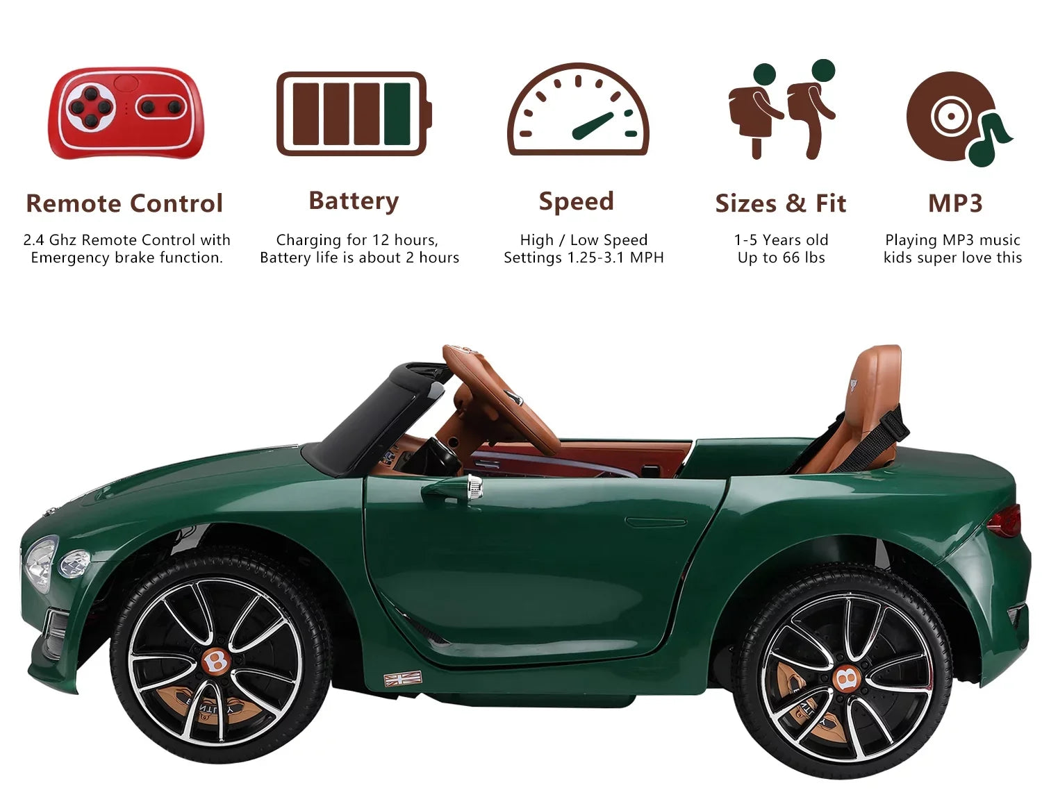on 3+, Car, LISUEYNE Licensed Green Ride Remote on for Electric 12V Official Bentley Music, Boys Control, Ride Age Girls Car with Car