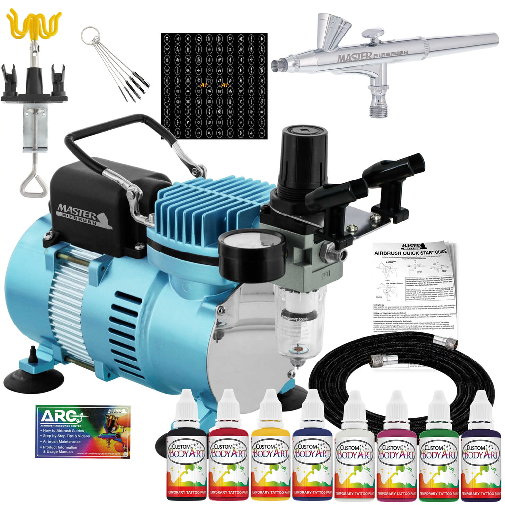 Compressor System 8 Color Air Set, Art Master Paint Body Stencil Airbrush, Kit Airbrush 100 Temporary Custom with Tattoo