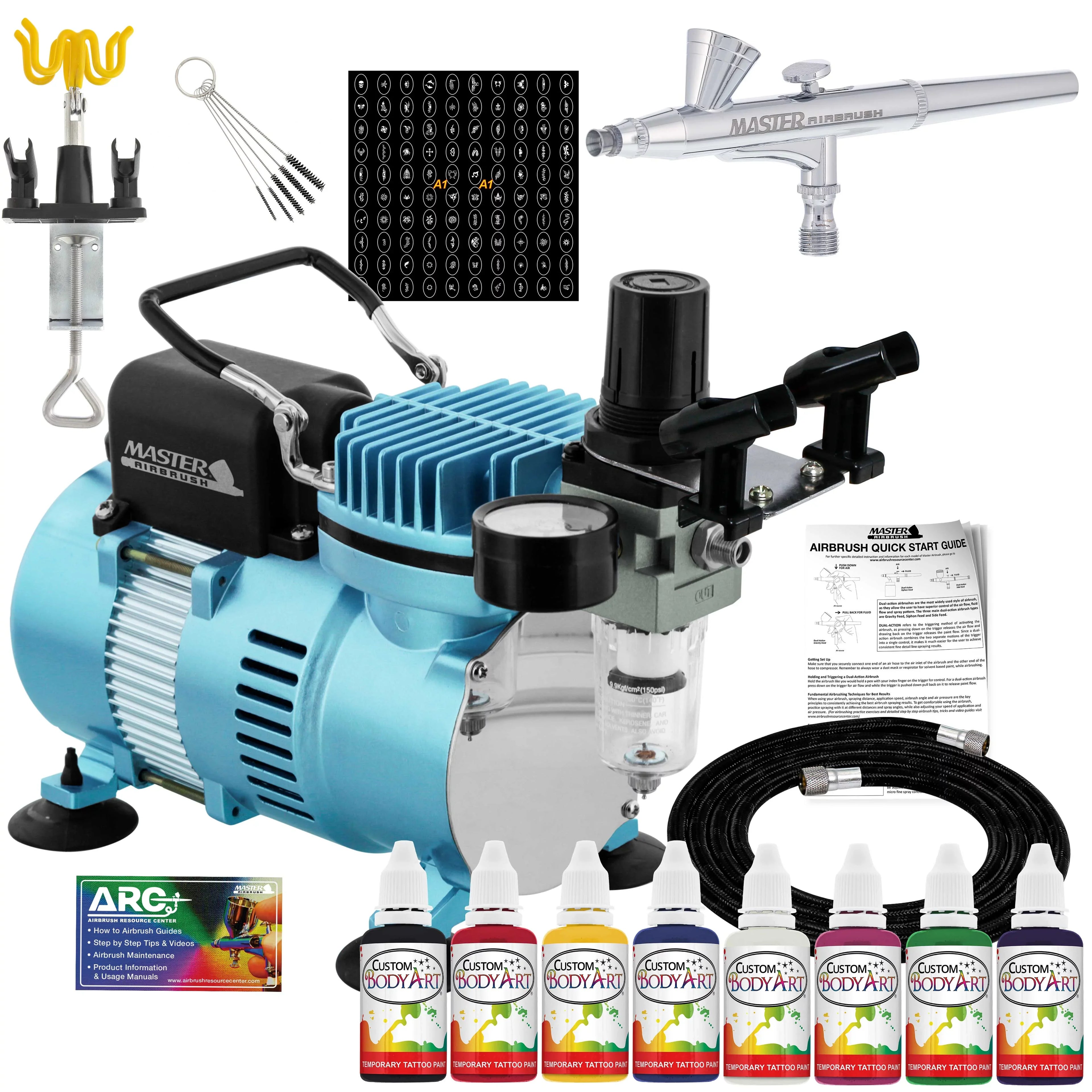 Compressor System 8 Color Air Set, Art Master Paint Body Stencil Airbrush, Kit Airbrush 100 Temporary Custom with Tattoo