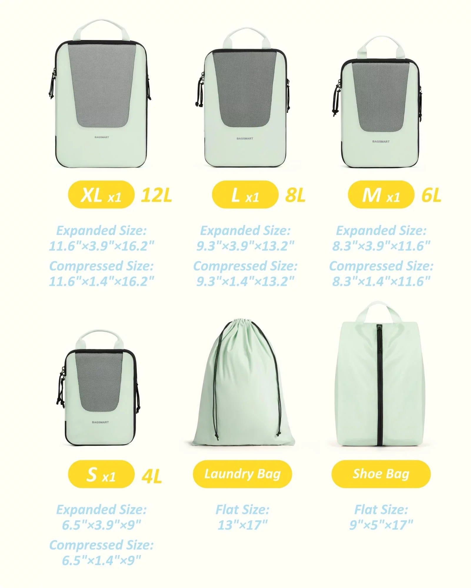 Expandable Storage Luggage Bags for Travel, Organizers Packing Packing 6 Cubes Travel Foldable Suitcase Lightweight Accessories, Pcs for BAGSMART Compression Green