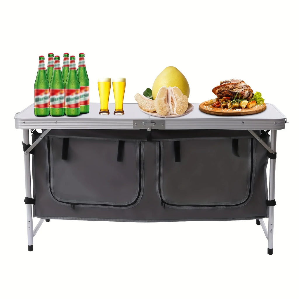 Adjustable BBQ Tailgating Backyards Compartment Table Height Table Indoor Perfect Camping Kitchen Outdoor Picnic Camp Lightweight Table with Folding Storage for