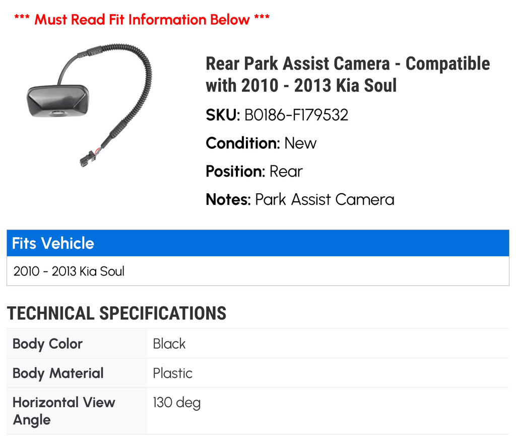 2010 Kia 2013 Park 2012 Soul Compatible - Assist with - Rear Camera 2011