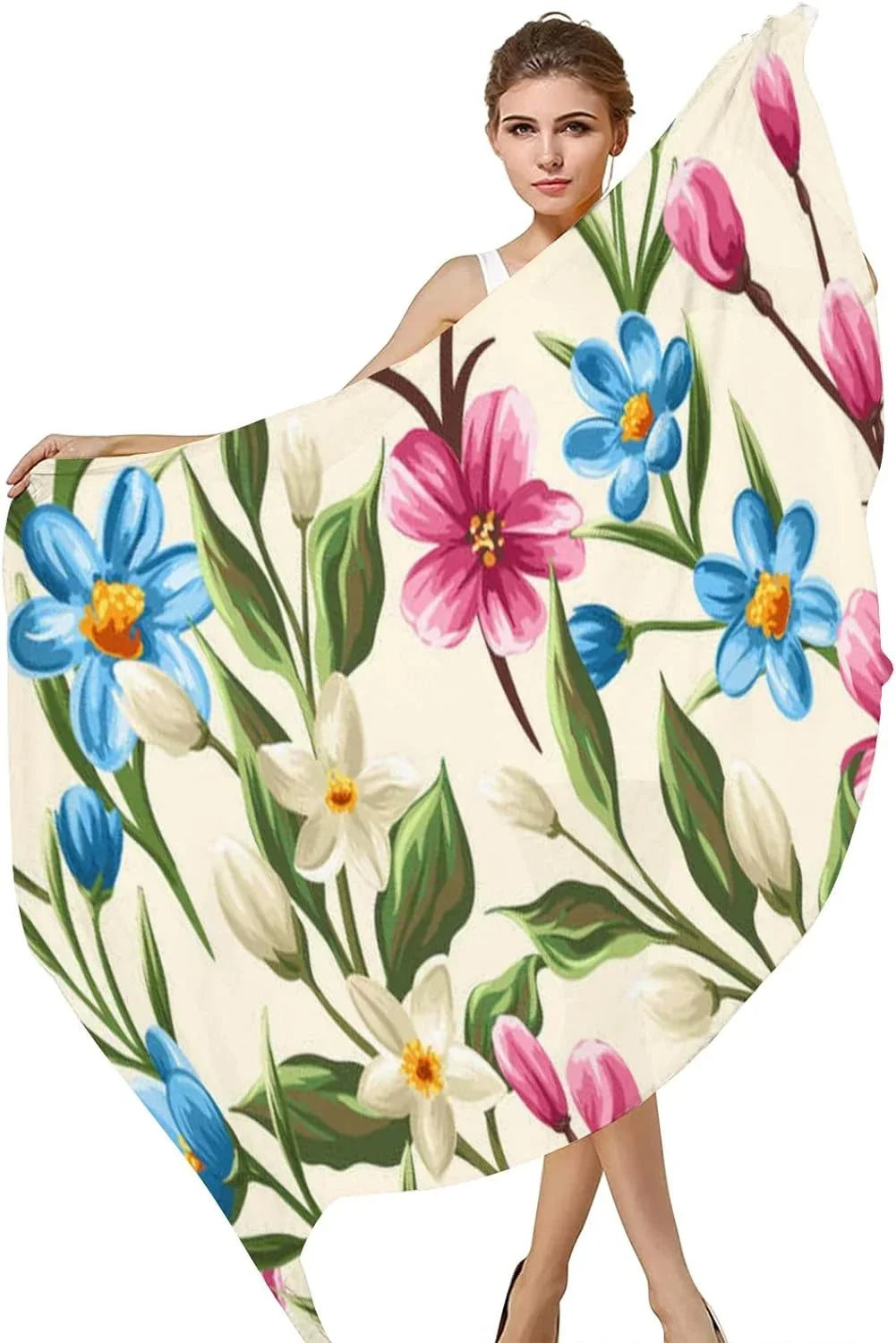 Scarf Women Lightweight Pink Scarves for Silk Beige Girls Long Shawl Wrap Blue Flowers and Hyjoy Spring Floral Neck
